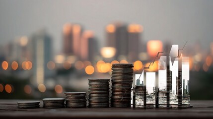 Poster - Double Exposure of City Skyline with Bar Chart and Coins