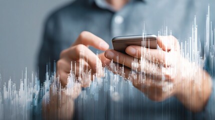 Poster - Double Exposure of Hands Holding Smartphone with Data Visualization