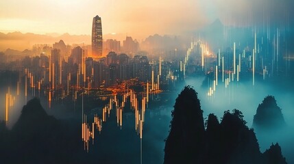 Poster - Double Exposure Candlestick Graph Over Cityscape at Sunset