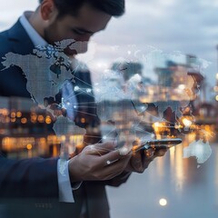 Poster - Double Exposure of Businessman Using Smartphone with World Map Effect