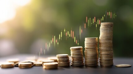Poster - Candlestick Chart Growth Over Stacked Coins on Blurred Background