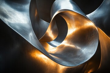 Poster - Sculptural metal design with flowing curves and illuminating highlights in modern art