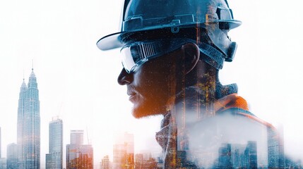 Poster - 3D Rendering of Engineer in Double Exposure with Urban Background