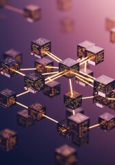 Poster - Blockchain Technology Network: Interconnected Cubes Representing Data and Cryptographic Security