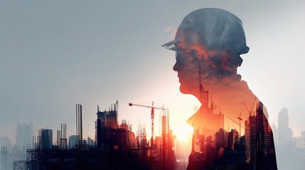 Poster - silhouette of engineer overlooking cityscape at sunset