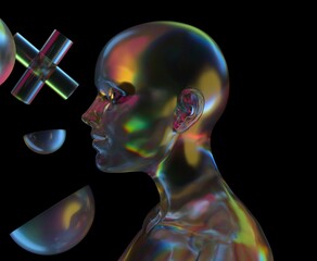 Aufkleber - Dreamwave style 3D illustration features a translucent human head surrounded by colorful geometric shapes, reflecting captivating light and creating surreal, futuristic ambiance on a dark background.