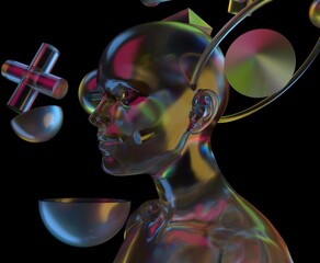 Aufkleber - Dreamwave style 3D illustration features a translucent human head surrounded by colorful geometric shapes, reflecting captivating light and creating surreal, futuristic ambiance on a dark background.