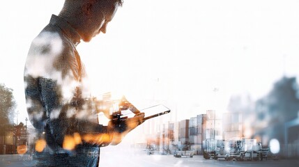 Poster - Double Exposure of Businessman Using Digital Tablet in Urban Setting