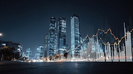 Poster - Financial Graph Overlay on Urban Night Cityscape with Tall Buildings