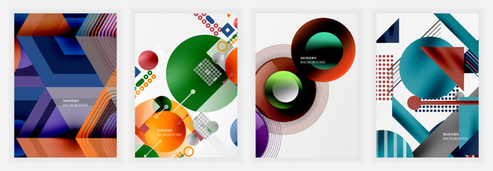 Poster - Abstract geometric designs dominate these vibrant posters. Overlapping shapes, circles, triangles create dynamic compositions. Modern backgrounds feature bold color palettes, gradients, textures.