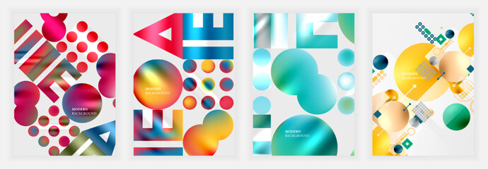 Poster - Abstract designs feature vibrant gradients, geometric shapes, overlapping elements. Modern backgrounds suggest dynamic compositions, colorful palettes, artistic expression.