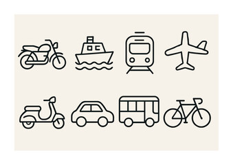 Poster - Linear transport icons set: vehicles including car, bus, and airplane