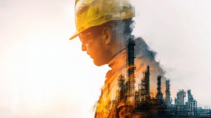 Poster - Engineer in Safety Helmet Overlaid with Industrial Landscape