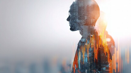 Poster - Double Exposure Portrait with Cityscape and Trading Symbols