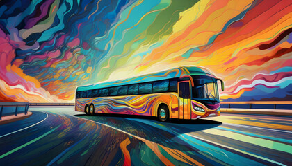 Poster - A vibrant, colorful illustration of a bus traveling along a winding road beneath a swirling sky of vivid hues