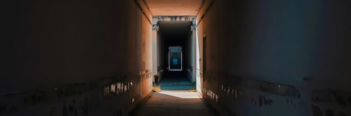 Dim corridor with sharp light beam – Suitable for suspense themes, cinematic visuals, or light and shadow studies