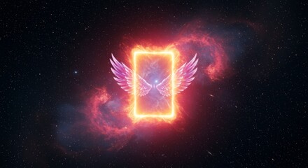 Wall Mural - Celestial Wings in Fiery Frame - Glowing wings encased within a fiery square frame against a cosmic backdrop of stars and nebula