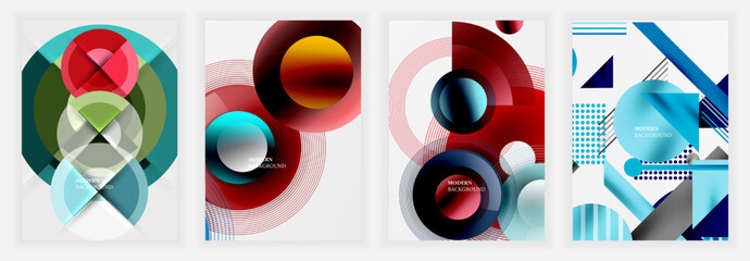 Leinwandbilder - Four abstract backgrounds feature overlapping geometric shapes, vibrant colors, gradients. Designs include circles, squares, lines creating modern visual appeal. Minimal text present.