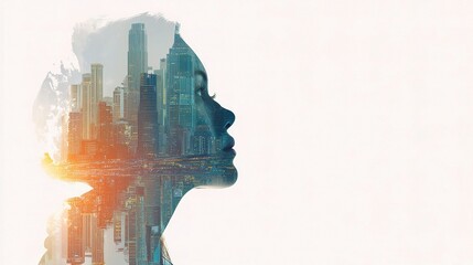Poster - Double Exposure Portrait with Cityscape Silhouette of Head