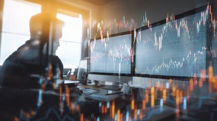 Poster - Double Exposure of Stock Market Graphs with Trader in the Background