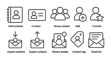 Poster - Linear contacts icons set: address book, group, import, export, email list, and more