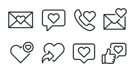Poster - Linear love and communication icons set: envelopes, hearts, messages, and more