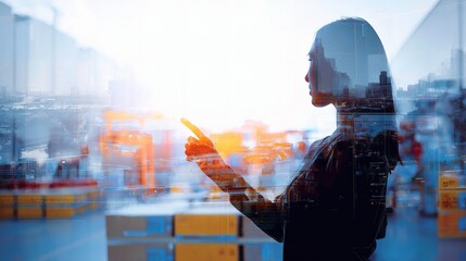 Poster - Double Exposure of Businesswoman in Modern Urban Environment