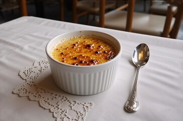 Poster - Creamy custard dessert with a caramelized sugar topping, served in a white ramekin on a table with a spoon.  A delicate lace doily adds elegance.