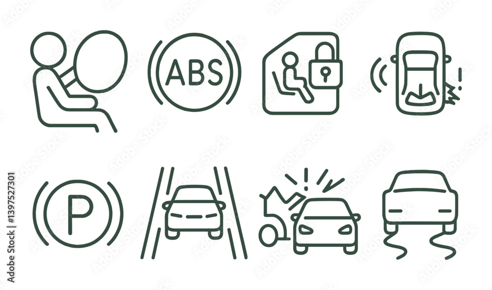 Comprehensive car safety icon set: essential vehicle safety features in ...