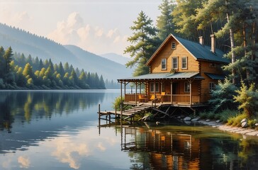 Poster - Serene lakeside cabin nestled amongst lush greenery, reflecting in calm water under a soft, hazy sky.  The sunlit scene evokes tranquility and peace.
