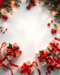 Poster - festive season presents with ribbon, pine and lights