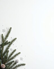 Poster - A festive Christmas scene. Christmas tree branches with ornaments arranged on a clean background