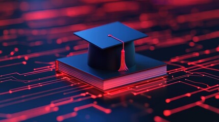 Poster - Graduation Cap on Open Book Surrounded by Digital Circuit Designs Representing Education and Technology Fusion