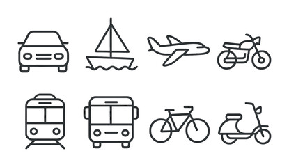 Poster - Transportation icons set: linear style for cars, boats, bikes, and more