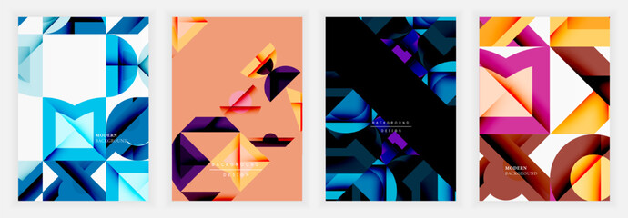 Poster - Four vibrant geometric designs. Abstract shapes overlap, creating dynamic compositions. Cool, warm color palettes dominate each panel. Modern aesthetic, suitable backgrounds or digital art.