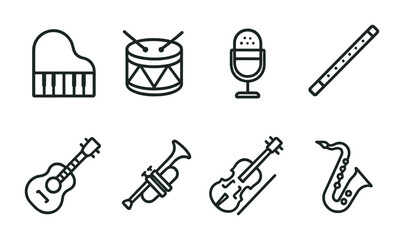 Poster - Linear music instruments icons set featuring piano, drum, microphone, flute, guitar, and more