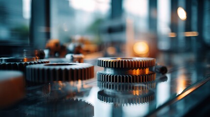 Poster - Double Exposure of Industrial Gears in Modern Office Environment