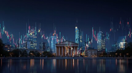 Poster - Night Skyline Over City with Stock Exchange and Financial Data Visuals