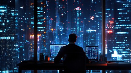 Poster - Businessman Working Late in High-Rise Office with City View