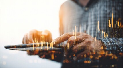 Poster - Double Exposure of Hands Holding a Tablet with Cityscape Background