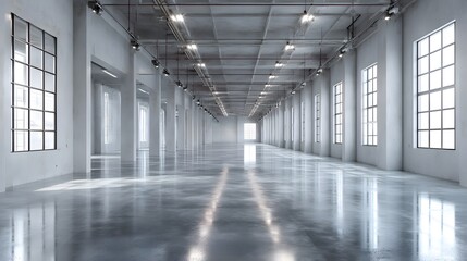 Wall Mural - Industrial warehouse with polished concrete floors, overhead lights, white walls, high ceilings, large windows, vast empty space, clean aesthetic.  