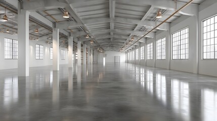 Wall Mural - Industrial warehouse with polished concrete floors, overhead lights, white walls, high ceilings, large windows, vast empty space, clean aesthetic.  