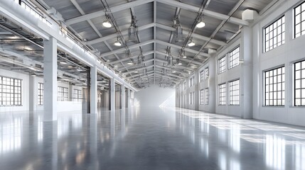 Wall Mural - Industrial warehouse with polished concrete floors, overhead lights, white walls, high ceilings, large windows, vast empty space, clean aesthetic.  