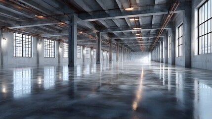Wall Mural - Industrial warehouse with polished concrete floors, overhead lights, white walls, high ceilings, large windows, vast empty space, clean aesthetic.  