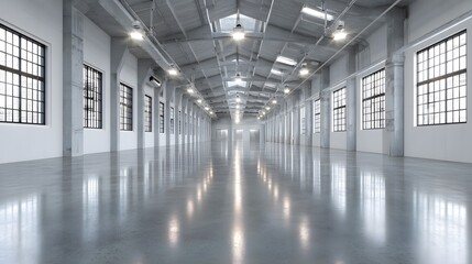 Wall Mural - Industrial warehouse with polished concrete floors, overhead lights, white walls, high ceilings, large windows, vast empty space, clean aesthetic.  