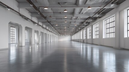 Wall Mural - Industrial warehouse with polished concrete floors, overhead lights, white walls, high ceilings, large windows, vast empty space, clean aesthetic.  