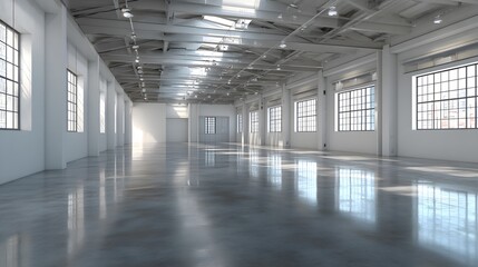 Wall Mural - Industrial warehouse with polished concrete floors, overhead lights, white walls, high ceilings, large windows, vast empty space, clean aesthetic.  