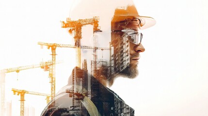 Poster - Double Exposure of Architect with Construction Cranes in Background