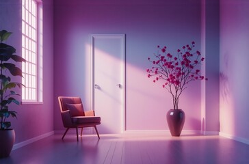 Aufkleber - Serene room bathed in soft purple light. Sunlight streams through a window, illuminating a comfortable armchair, potted plant, and a closed door.  Minimalist design creates a peaceful atmosphere.