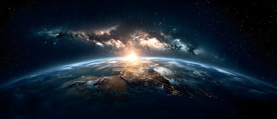 Wall Mural - panoramic view of the earth, sun, star and galaxy. sunrise over planet earth, view from space. 